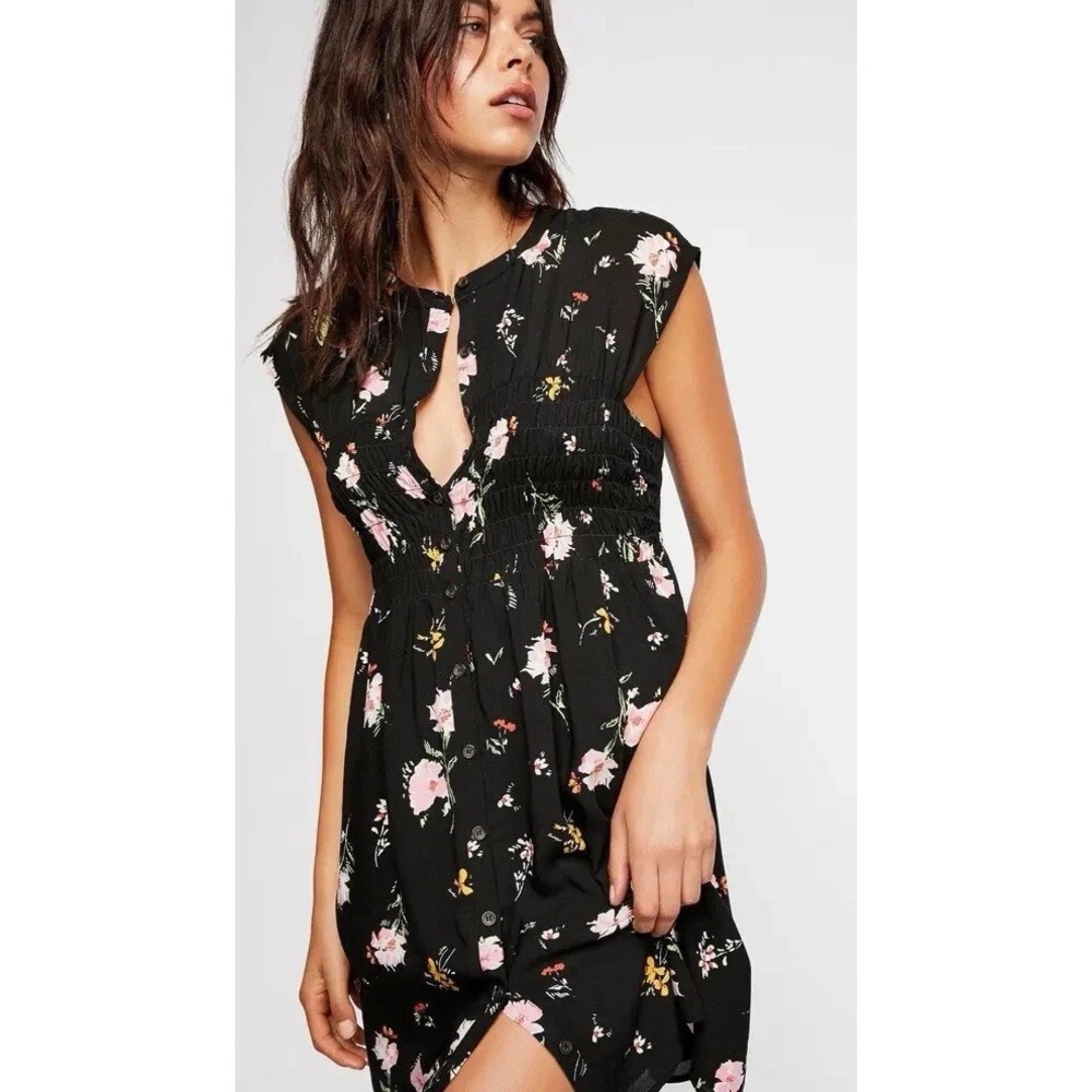 Free People 'Greatest Day' Mini Dress‎ Smocked Waist Black Floral Size Small